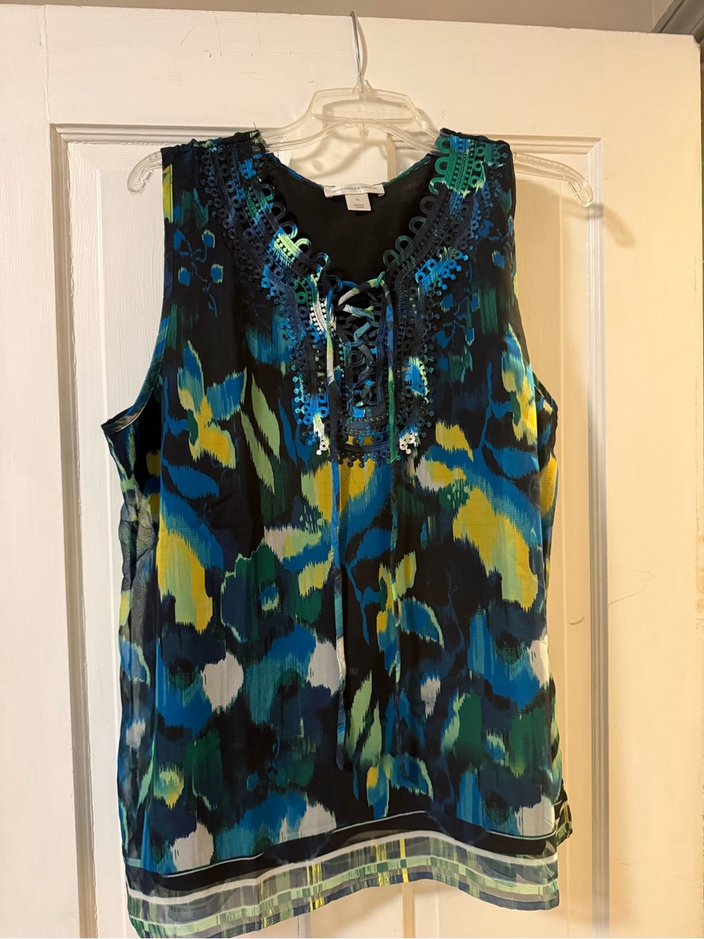 Christopher & Banks Blue, Green & Yellow Patterned Lace-Up Camisole